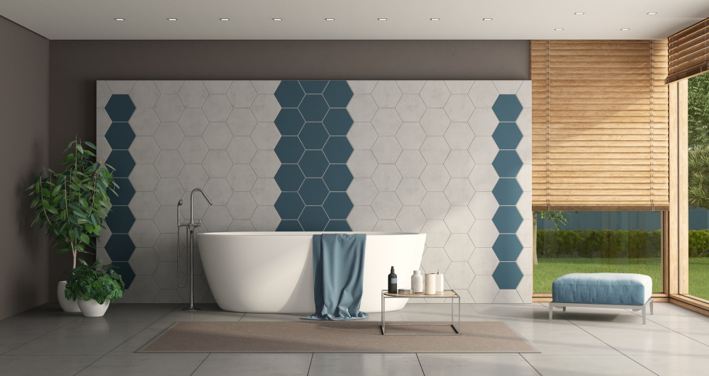 Minimalist bathroom with bathtub and hexagonal tiles wall - 3d rendering